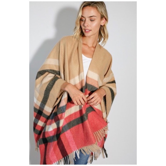 SOLD OUT Multi Color Plaid Fringe Faded Cape Poncho Shawl - Picture 2 of 5